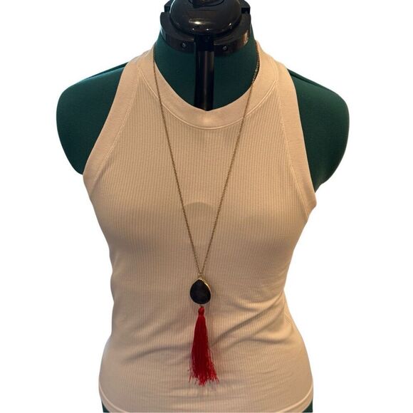 Anthropologie Blue Stone with Gold Chain and Red Tassel Necklace - Picture 4 of 5